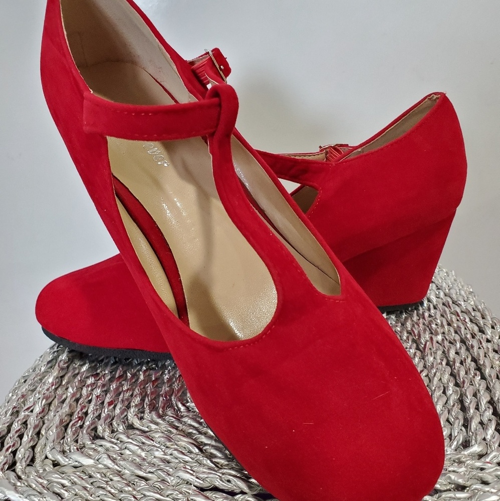 Red Suede T- strap Mary Jane Wedges EUC